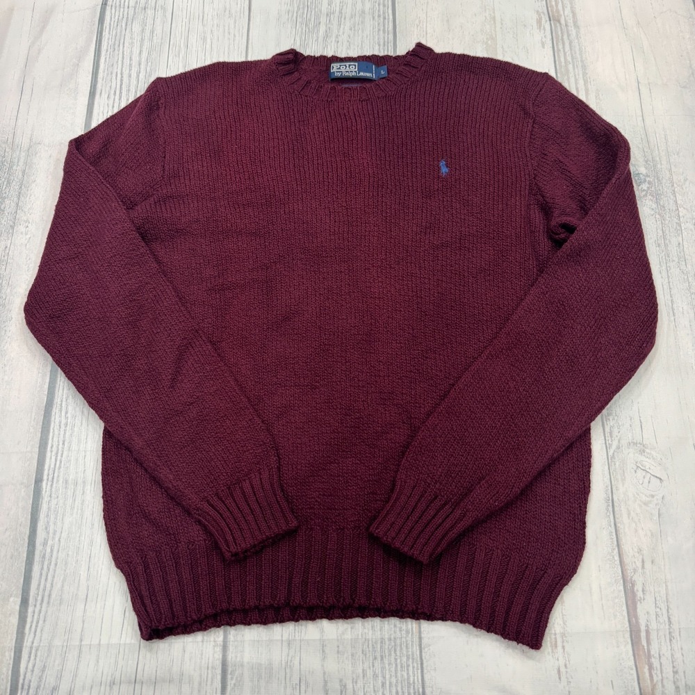 POLO by Ralph Lauren Crewneck Sweater L Maroon Knit Pullover Blue Pony Golf Mens